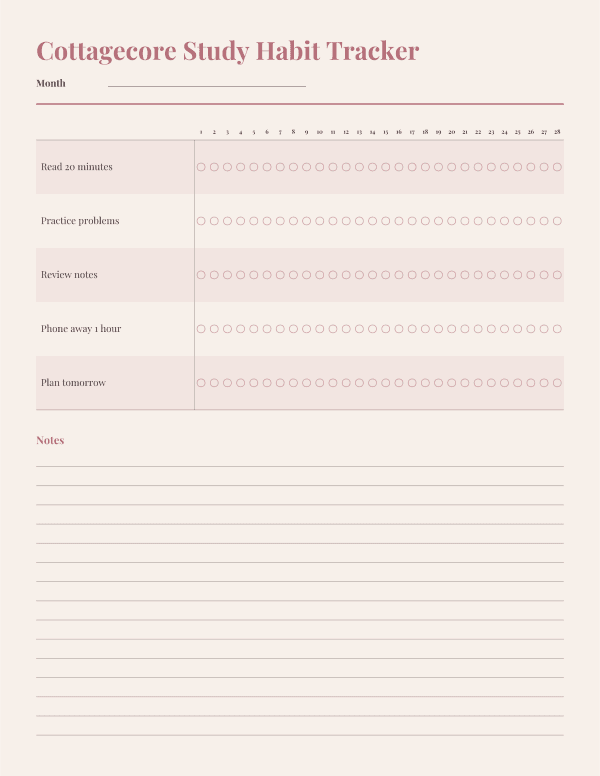 Cottagecore Study Habit Tracker, 28 Day Printable, Cream and Rose, Letter Size PDF