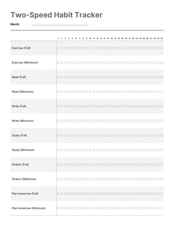 Two-Speed Habit Tracker, 30-Day Monochrome Full and Minimum Habit Log, US Letter PDF